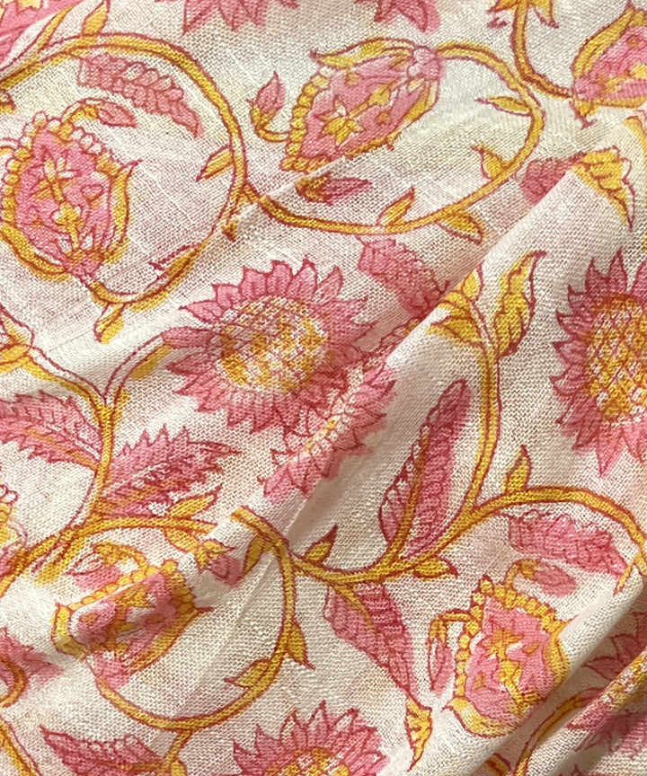 Multicolor yellow hand block printed cotton linen saree