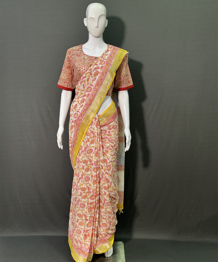 Multicolor yellow hand block printed cotton linen saree