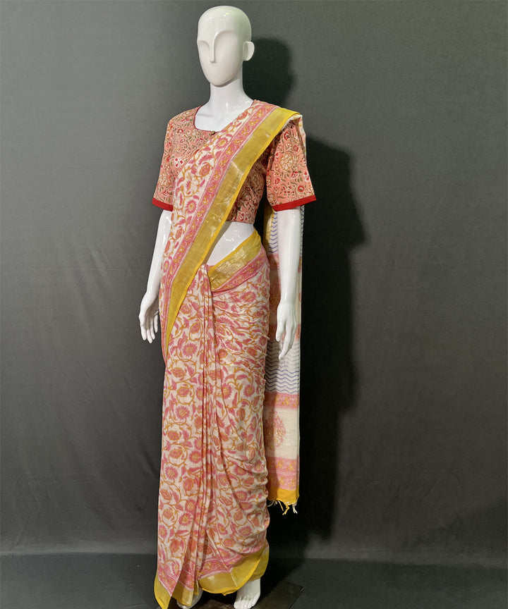 Multicolor yellow hand block printed cotton linen saree
