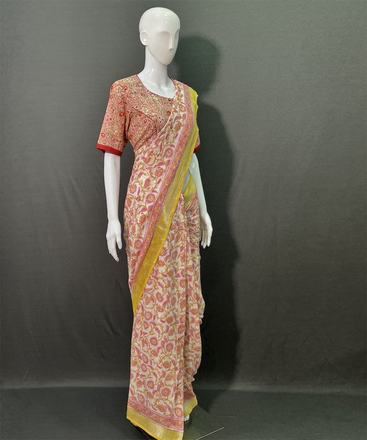 Multicolor yellow hand block printed cotton linen saree