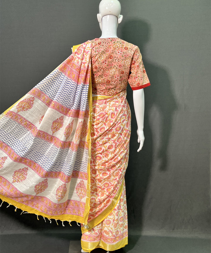 Multicolor yellow hand block printed cotton linen saree