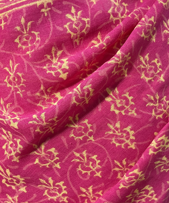 Hand block printed cotton linen pink saree
