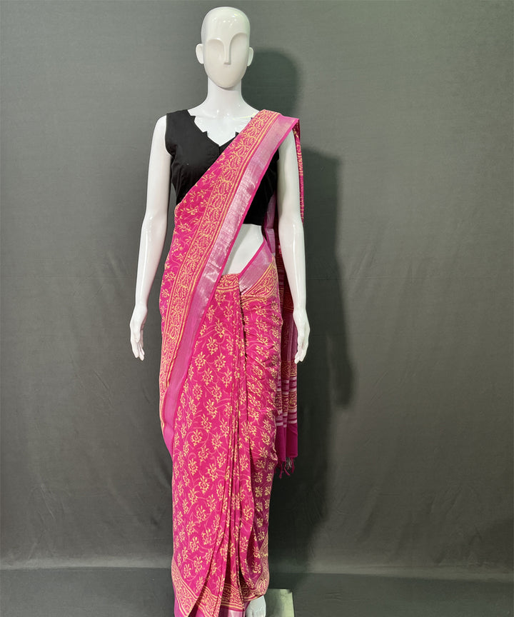 Hand block printed cotton linen pink saree