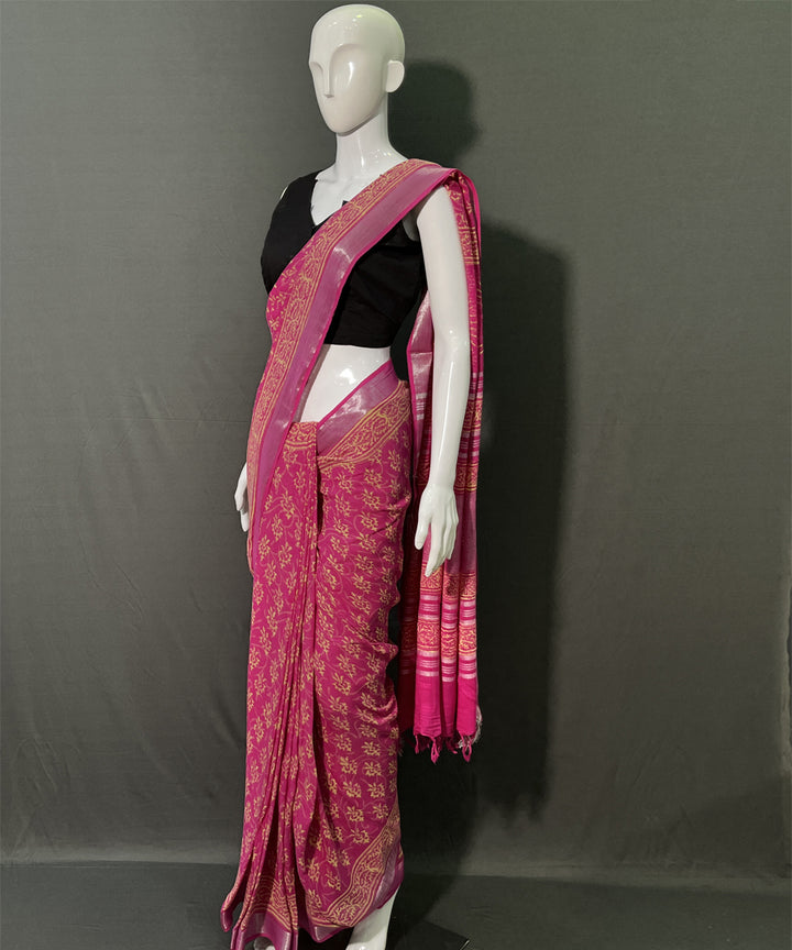 Hand block printed cotton linen pink saree