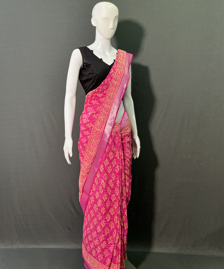 Hand block printed cotton linen pink saree