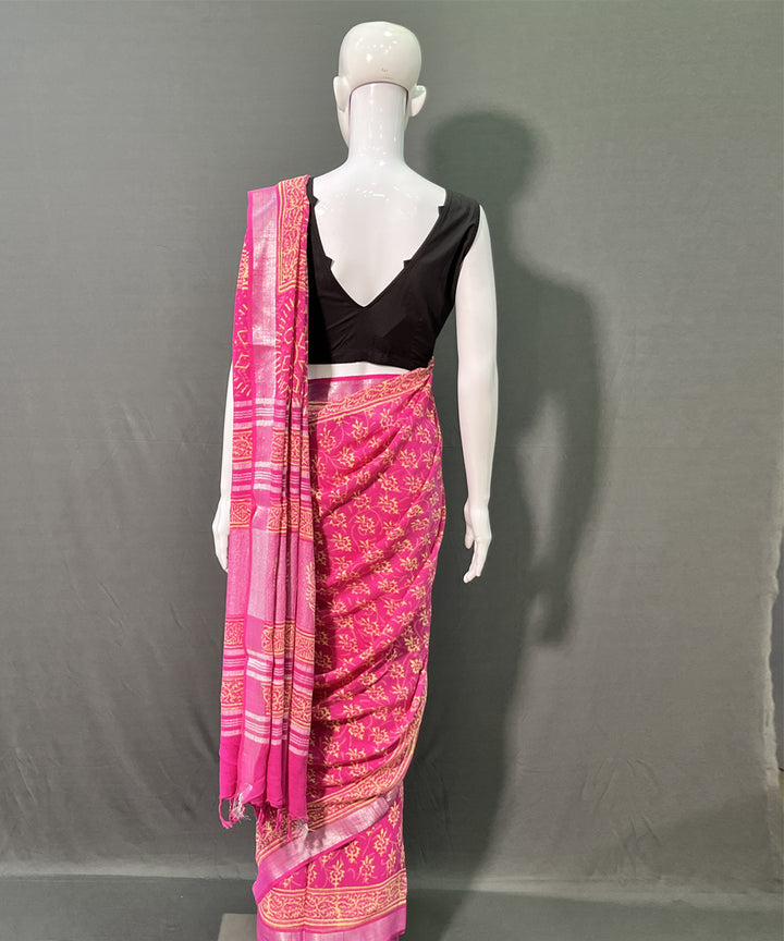 Hand block printed cotton linen pink saree