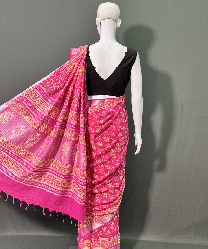 Hand block printed cotton linen pink saree