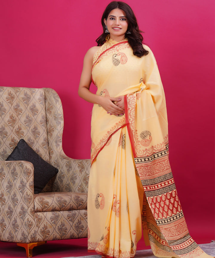 Light yellow red cotton hand block sanganeri printed saree