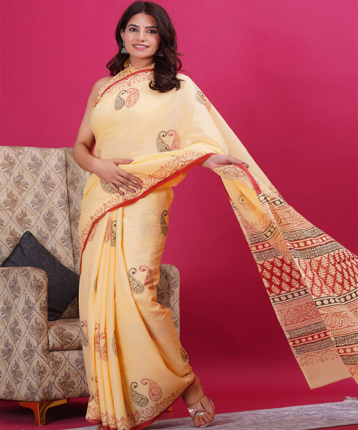Light yellow red cotton hand block sanganeri printed saree