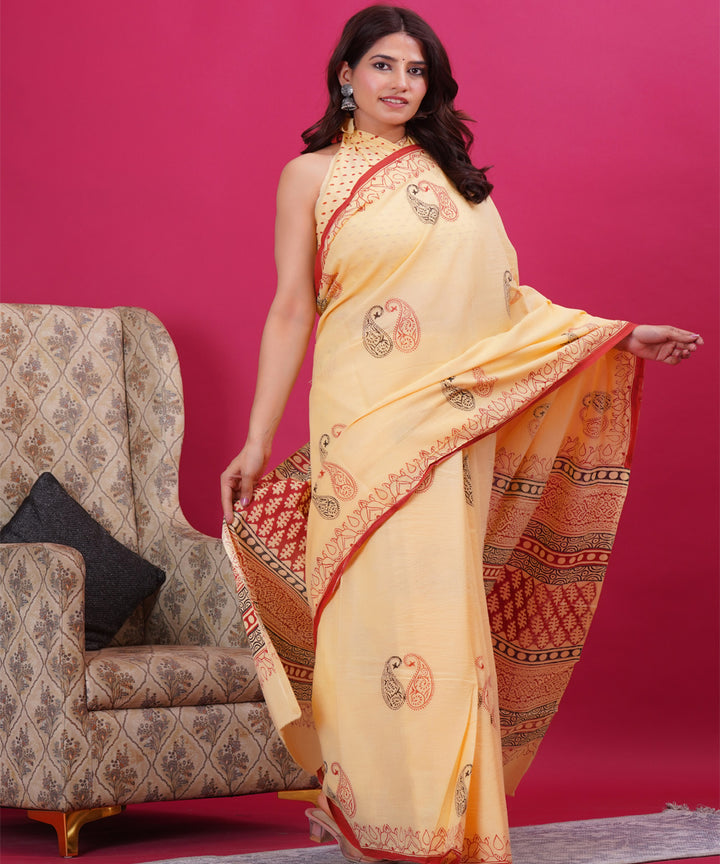 Light yellow red cotton hand block sanganeri printed saree