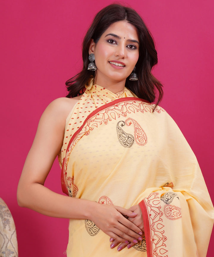 Light yellow red cotton hand block sanganeri printed saree