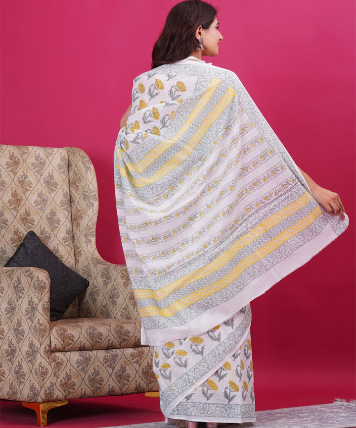 Yellow white cotton hand block sanganeri printed saree