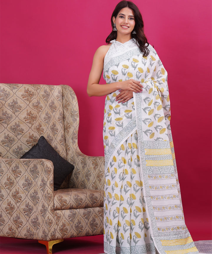 Yellow white cotton hand block sanganeri printed saree