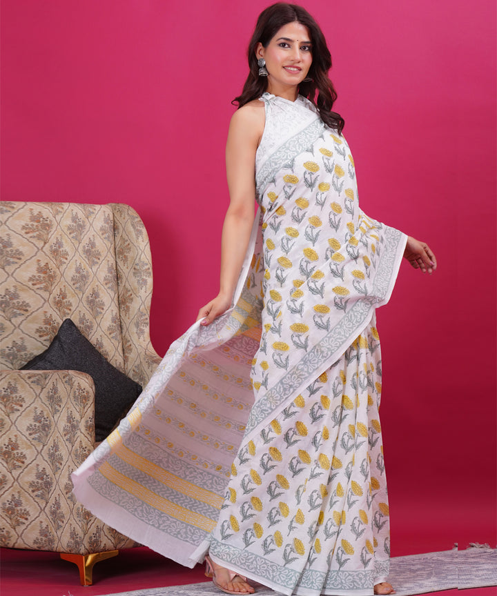 Yellow white cotton hand block sanganeri printed saree