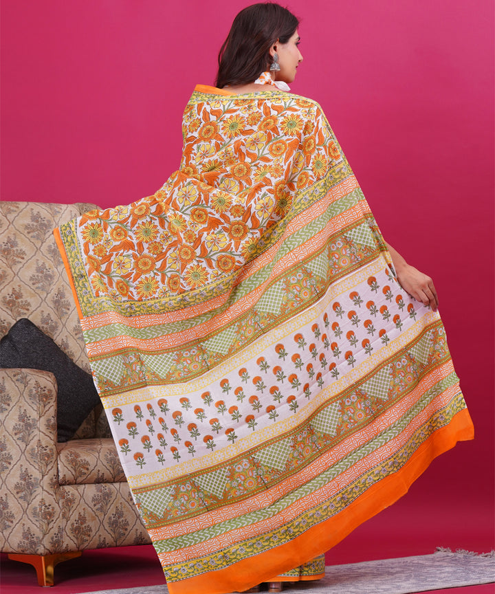 Orange cyan green cotton hand block sanganeri printed saree
