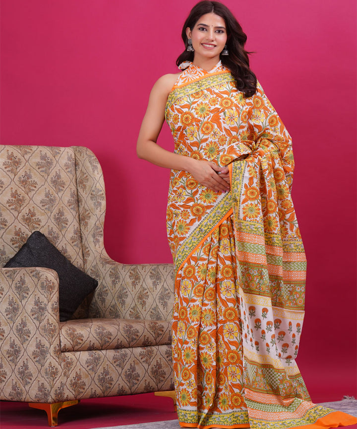 Orange cyan green cotton hand block sanganeri printed saree
