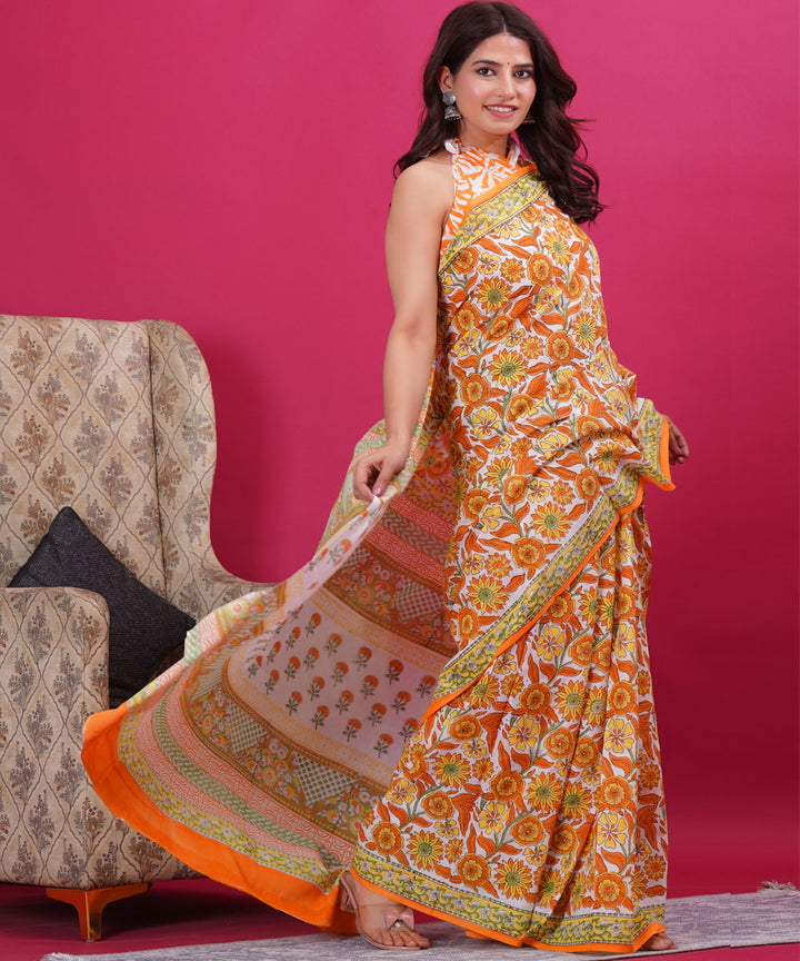Orange cyan green cotton hand block sanganeri printed saree