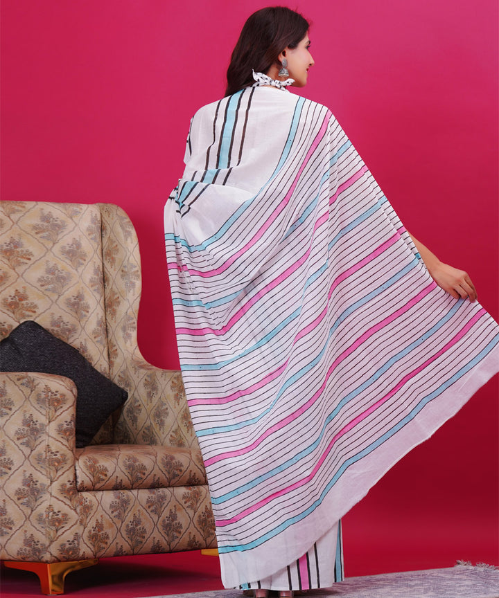 White multicolor cotton hand block sanganeri printed saree