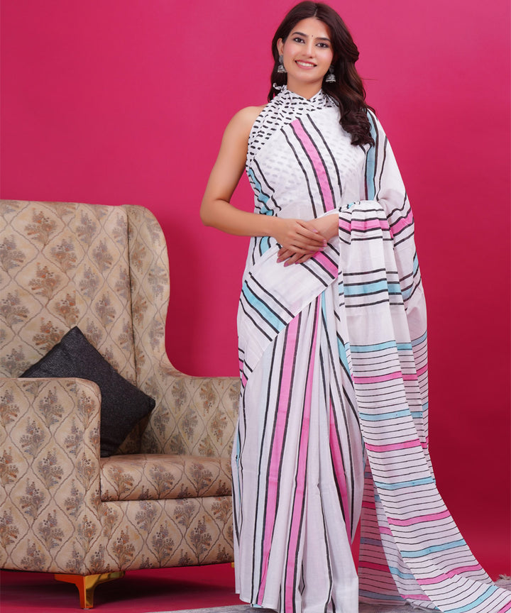 White multicolor cotton hand block sanganeri printed saree