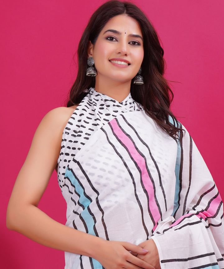 White multicolor cotton hand block sanganeri printed saree