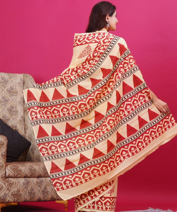 Light yellow red hand block sanganeri printed cotton saree