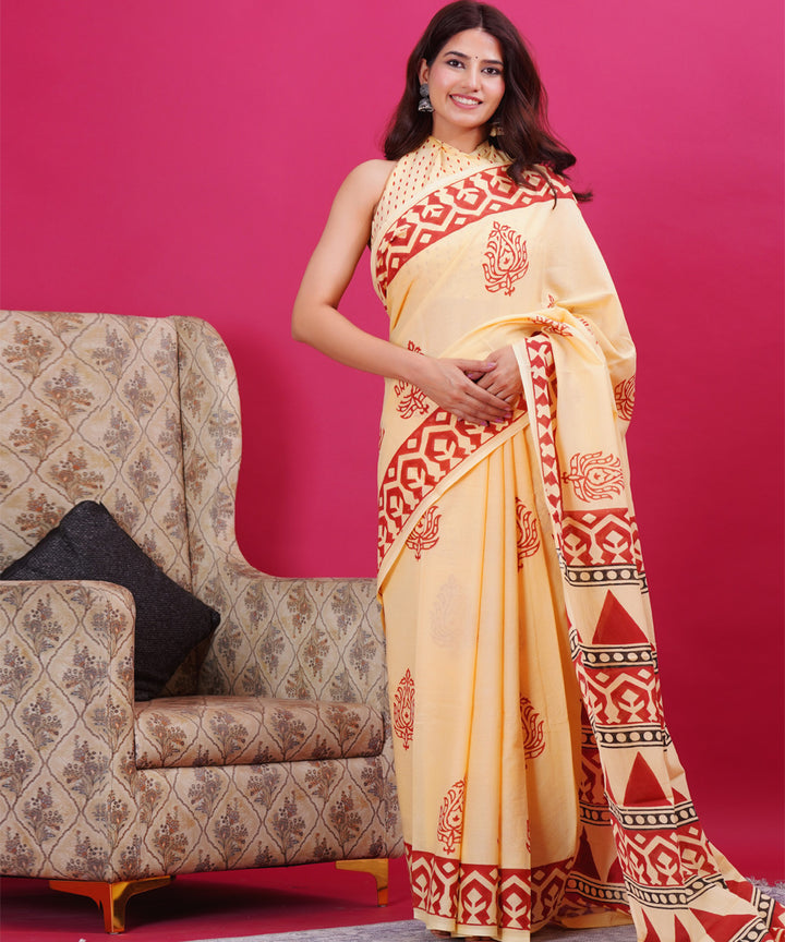 Light yellow red hand block sanganeri printed cotton saree