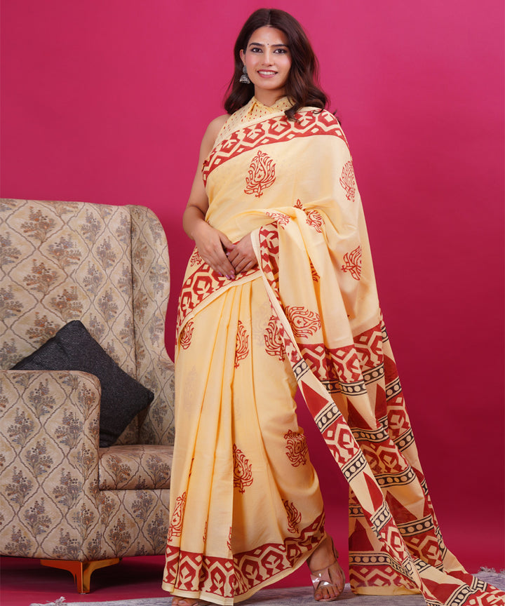 Light yellow red hand block sanganeri printed cotton saree