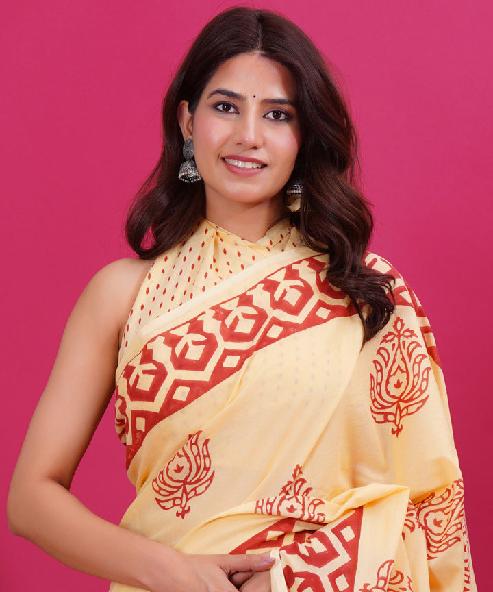 Light yellow red hand block sanganeri printed cotton saree