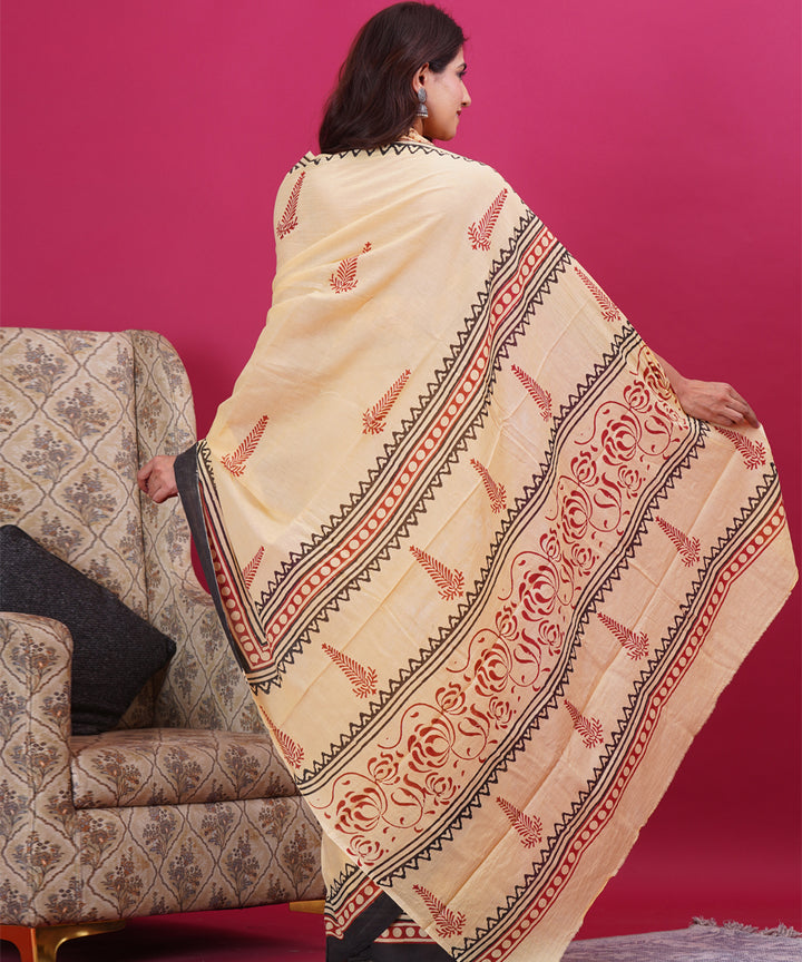 Light yellow black cotton hand block sanganeri printed saree