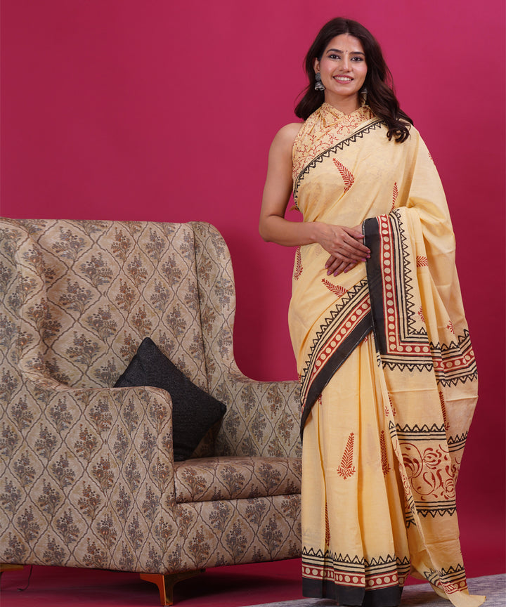 Light yellow black cotton hand block sanganeri printed saree