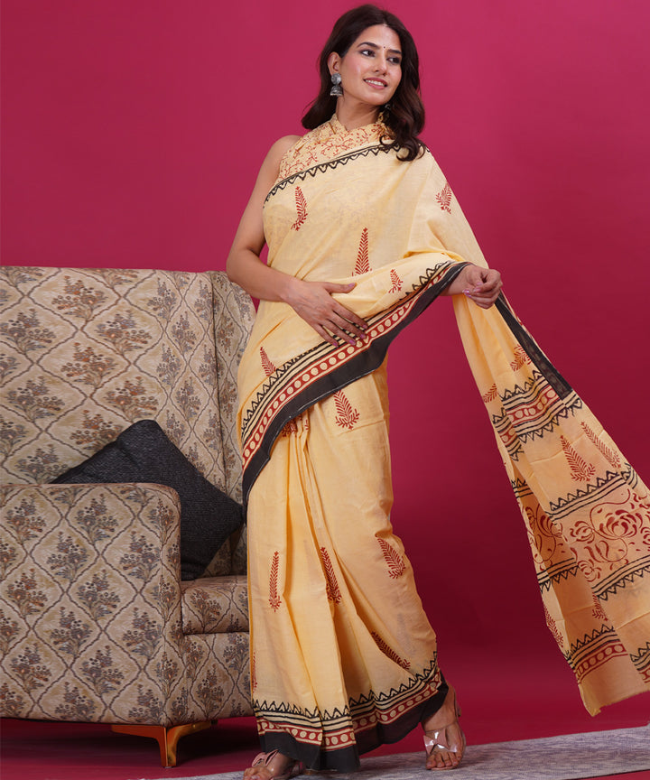 Light yellow black cotton hand block sanganeri printed saree