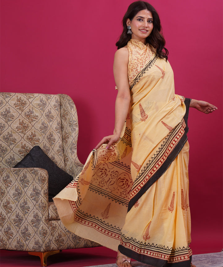 Light yellow black cotton hand block sanganeri printed saree