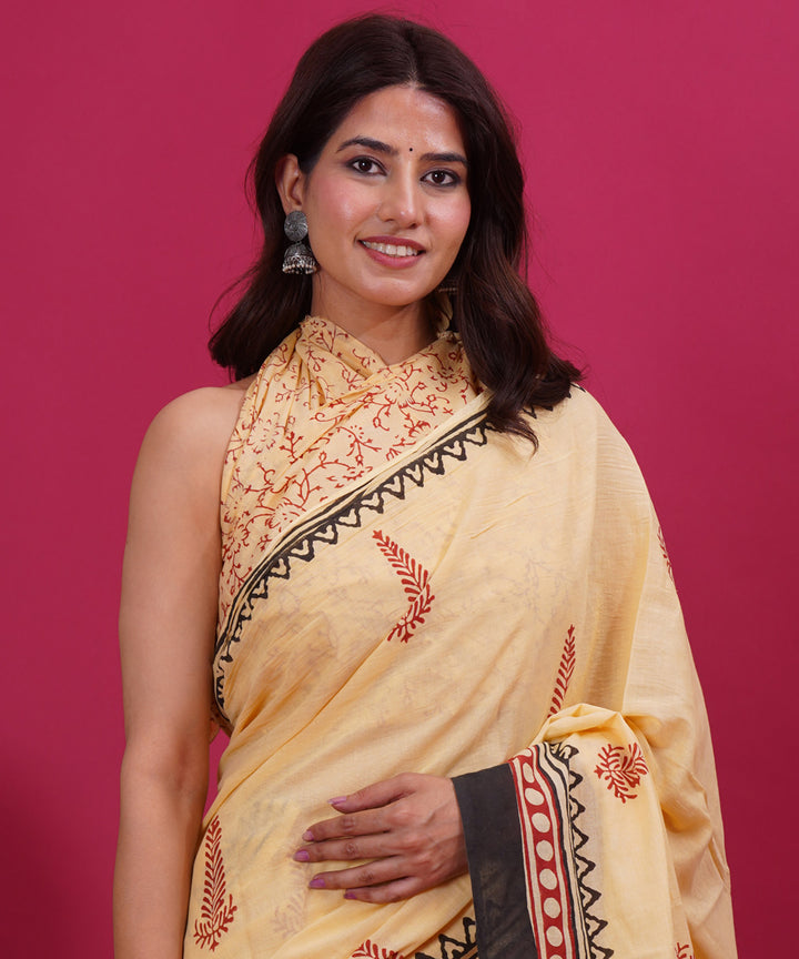 Light yellow black cotton hand block sanganeri printed saree