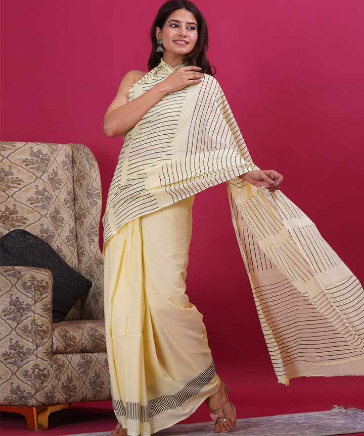 Cream black hand block sanganeri printed cotton saree