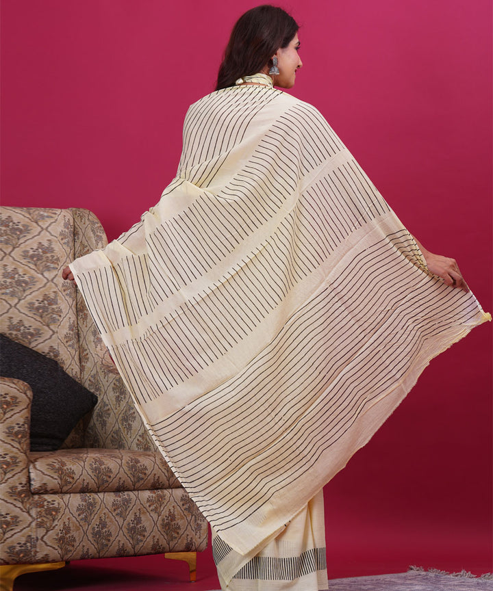 Cream black hand block sanganeri printed cotton saree