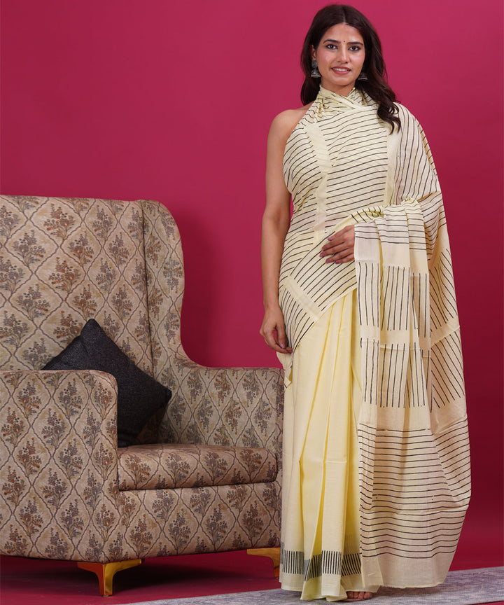 Cream black hand block sanganeri printed cotton saree