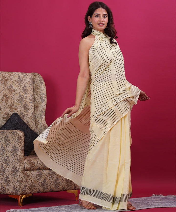 Cream black hand block sanganeri printed cotton saree