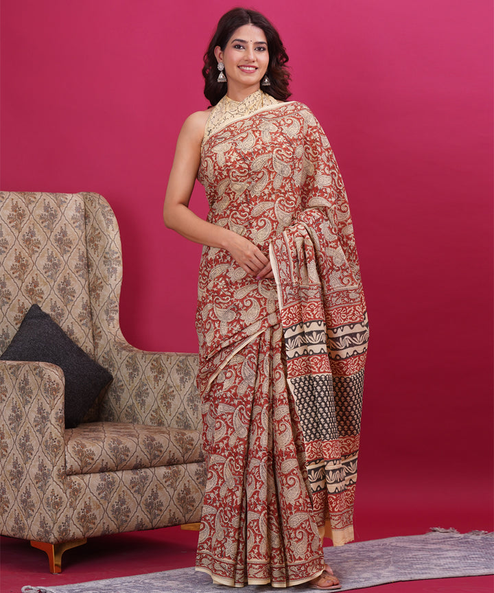 Maroon black cotton hand block sanganeri printed saree