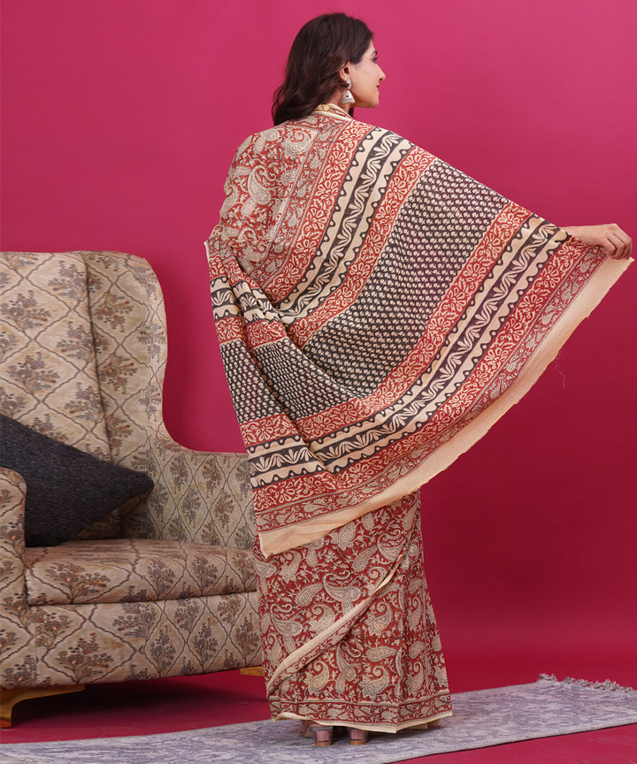 Maroon black cotton hand block sanganeri printed saree