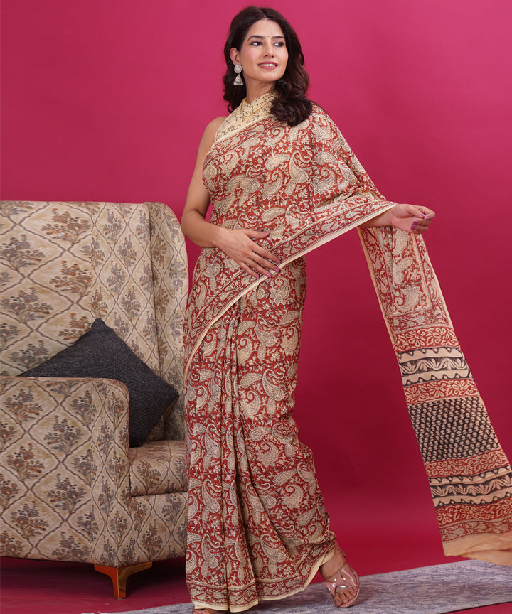 Maroon black cotton hand block sanganeri printed saree