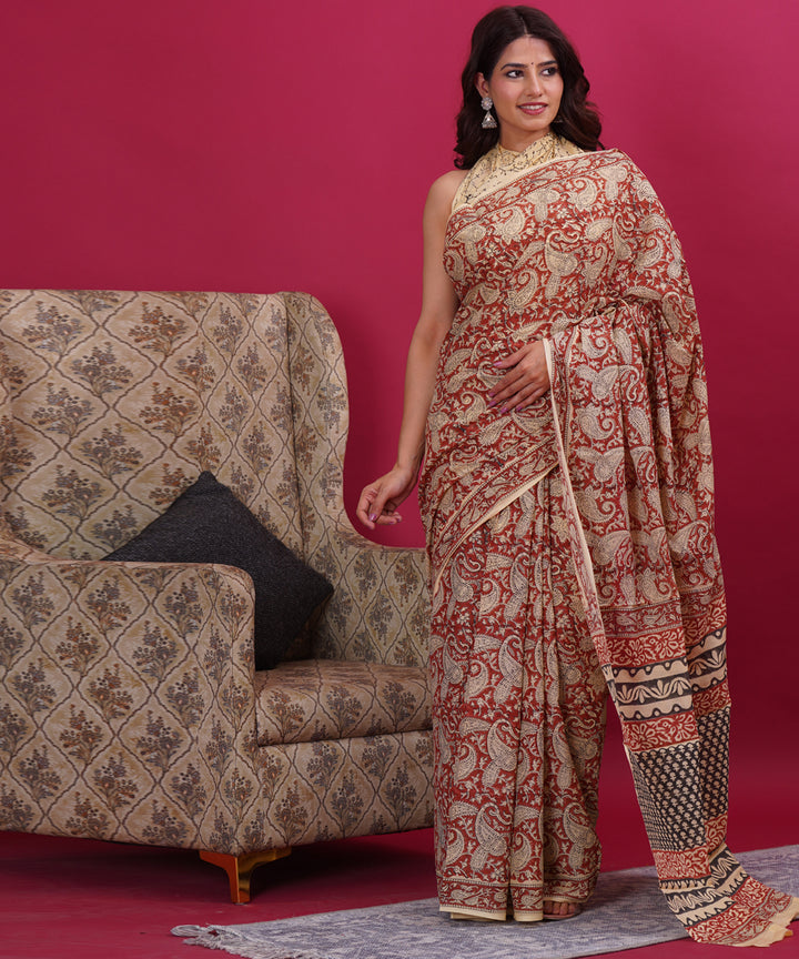 Maroon black cotton hand block sanganeri printed saree