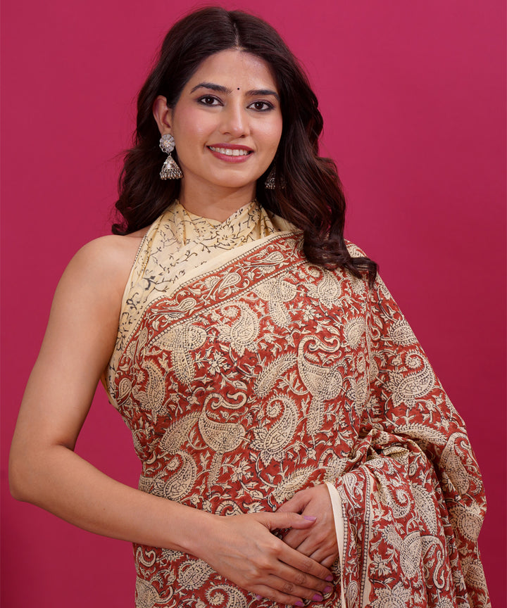 Maroon black cotton hand block sanganeri printed saree