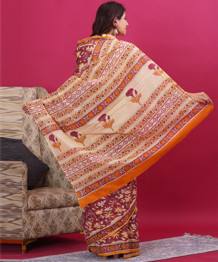 Maroon orange cotton hand block sanganeri printed saree