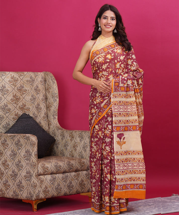 Maroon orange cotton hand block sanganeri printed saree