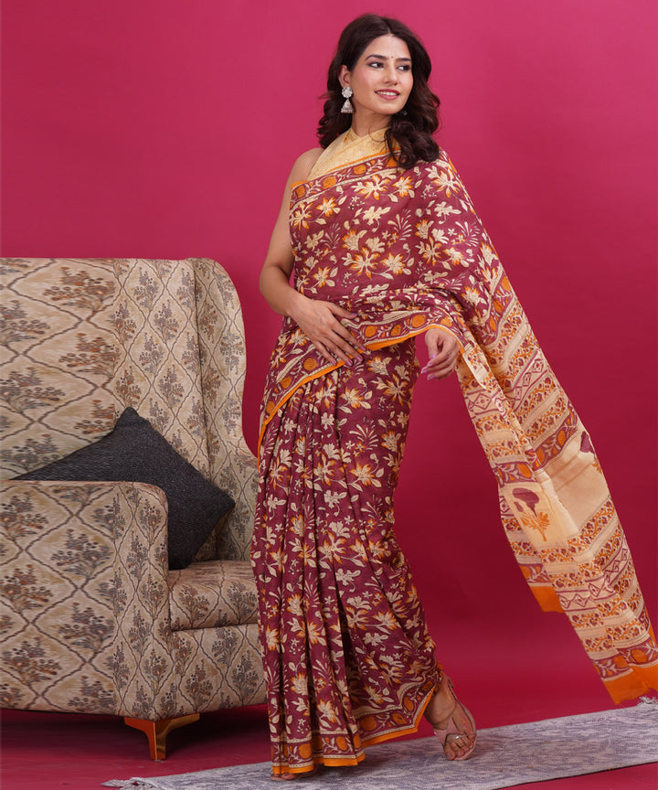 Maroon orange cotton hand block sanganeri printed saree