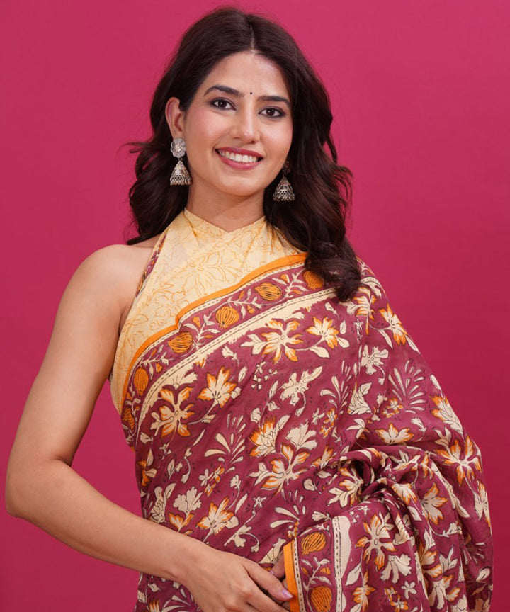 Maroon orange cotton hand block sanganeri printed saree