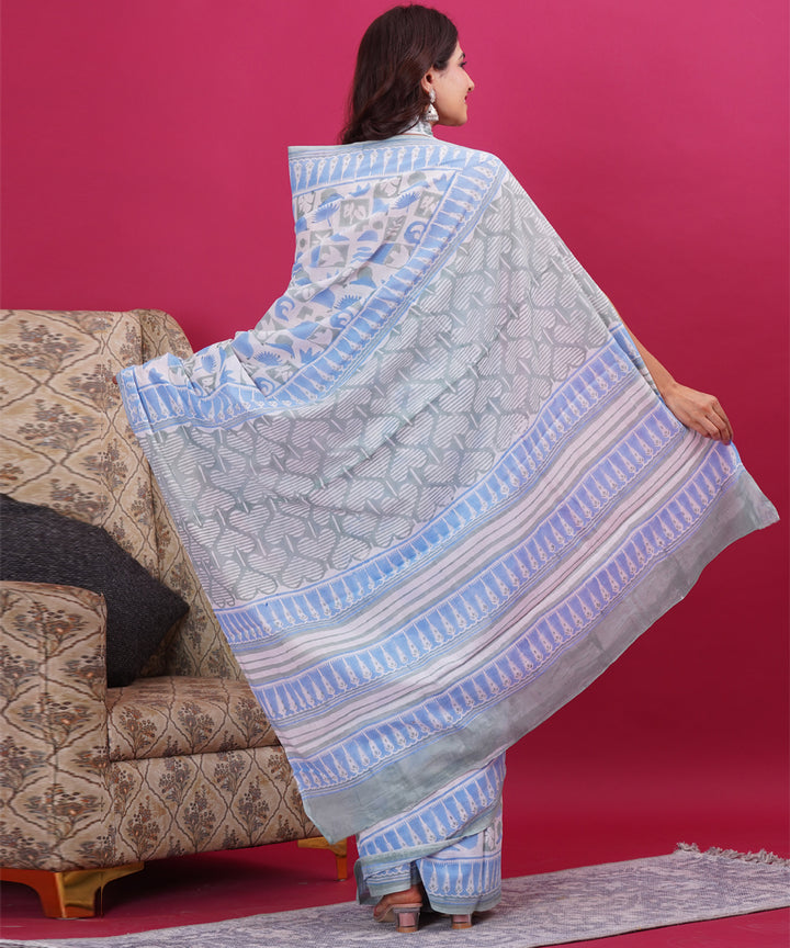 Sky blue white cotton hand block sanganeri printed saree