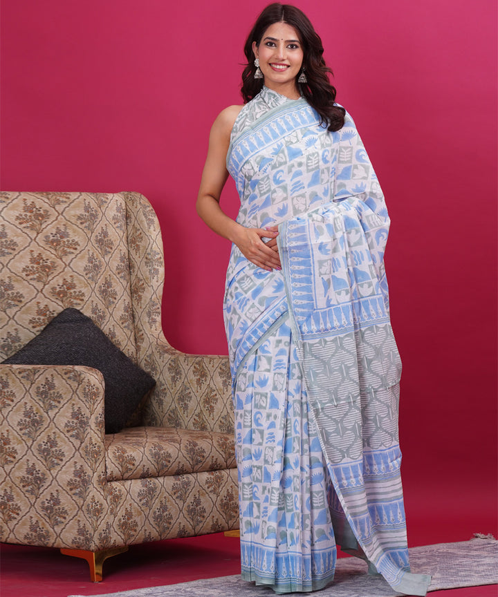 Sky blue white cotton hand block sanganeri printed saree