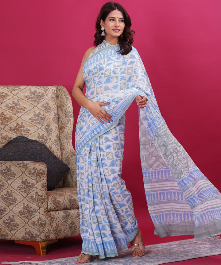Sky blue white cotton hand block sanganeri printed saree