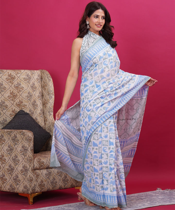 Sky blue white cotton hand block sanganeri printed saree